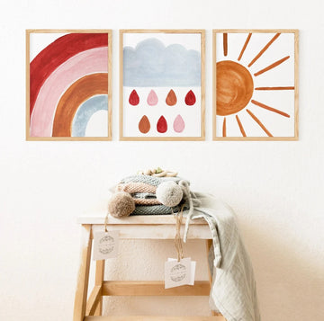 Nursery Cloud Print Set, Printable boho nursery, Sun Nursery Wall Art, Sunshine and Clouds, Watercolor Weather Prints, Sunshine Print